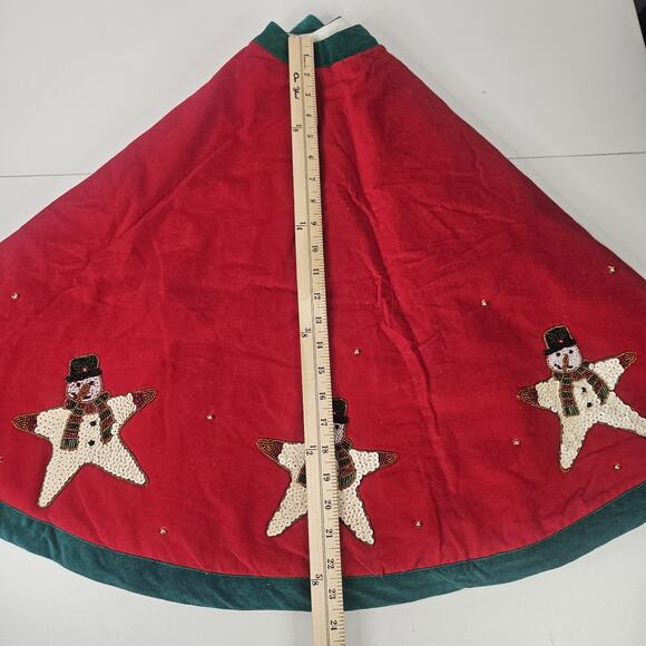 Vtg HANDMADE Christmas Felt Tree Skirt Sequins Beaded Snowman Star Retro 52" - Picture 7 of 7